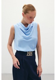 Resim Sateen Degaje Yaka Saten Bluz - Mavi-136199 Mavi 