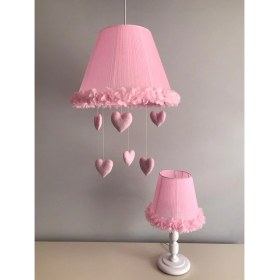 Resim Keçeli Parti Hayalleri Pembe Kalpli Çiçekli Metal Avize Abajur Çocuk Odası İçin 