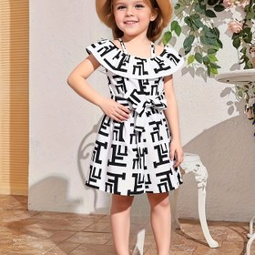 Resim 2 adet Kız Kolsuz Tulum, Eşleştirilmiş Şapka ile - Siyah ve Beyaz Geometrik Baskı, Ayarlanabilir Bel Bağlığı, Geniş Bacak Tasarımı, Bahar/Yaz Rahat ve Tatil Giyim, Tatil Kıyafeti, Oyuncu Desen, Esnek Olmayan Kumaş, Dış Mekan için 