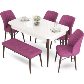 Resim Canisa Concept Aya Serisi 80 x 132 cm Beyaz Masa Ceviz Ayak Mutfak Masa Takımı 4 Sandalye 1 Bench 