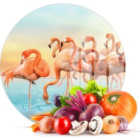 Resim Decovetro Cam Kesme Tahtası Yuvarlak Flamingo Desenli 30X30 cm 