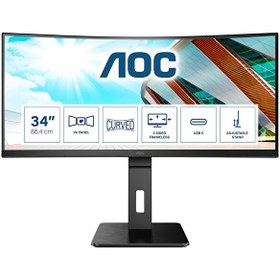 Resim AOC 34 Aoc CU34P2C 1ms 100MHZ 1xhdmı 1xdp USB Type-C Wqhd 3440X1440 Hoparlör Yükseklik Ayarı Curved Pıvot Vesa Siyah Monitör 