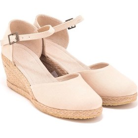 Resim Gerçek Elişi Bej Bilekten Bantlı Topuğu Açık Keten Espadril Dolgu Topuk Handmade Bej 
