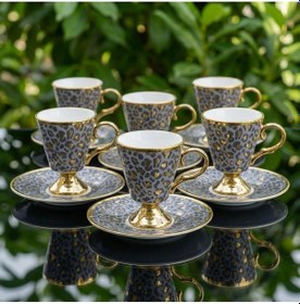 Resim Leopar Desenli Ayaklı Porselen Kahve Fincanı Takımı 6 Kişilik Altın Yaldızlı Fincan Seti Gri 