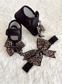 Resim VaVbaby Liora Leopar Desenli Bandana Patik Takımı 0-6 Ay Kız Bebek Organik Şık Yumuşak Taban Sevimli 