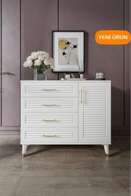Resim mapahomeliving Panjurlu 4 Çekmeceli 1 Kapaklı Şifonyer Modern Tasarım, MDF Kapak, Beyaz Gold 