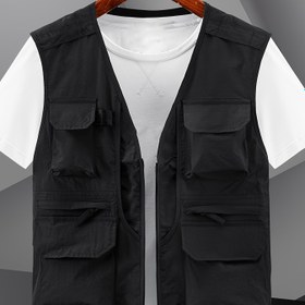 Resim Erkek Casual Utility Yelek, Polyester Çok Cebi, Kolsuz Ceket, Esnek Olmayan Düz Renk, Fermuarlı, Yürüyüş, Günlük Kullanım ve Outdoor Aktiviteler için, Yetişkinler ve Gençler için Uygun, İlkbahar/Yaz/Sonbahar 