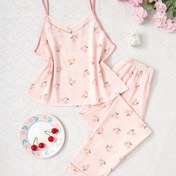 Resim Kırmızı Kiraz Baskılı Kamisol Üst ve Pantolon 2 Parça Kadın Pijama Takımı Ev Kıyafeti - İlkbahar Yaz Sonbahar 