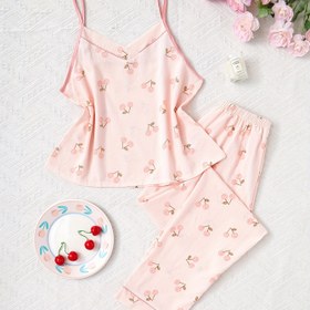 Resim Kırmızı Kiraz Baskılı Kamisol Üst ve Pantolon 2 Parça Kadın Pijama Takımı Ev Kıyafeti - İlkbahar Yaz Sonbahar 