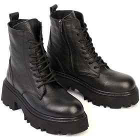 Resim Shoetek Helgı Kadın Bot Bağcıklı Postal Hakiki Deri Siyah Siyah 