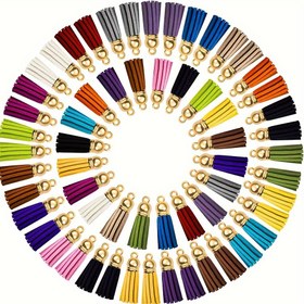 Resim 60 Adet Canlı Karışık Renkli Sahte Süet Püsküller Altın Kapaklarla - DIY Takı, El İşleri & Cep Telefonu Askıları için Gökkuşağı Anahtarlık Süsleri, Takı Yapımı için Süsler 