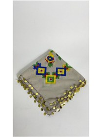 Resim Çengelköy Desenli Pullu Yazma 100x100 Cm Etnik Çiçekli Başörtüsü Çeyizlik Ve Günlük Açık Bej 