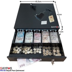 Resim Kolay Açma Butonlu 5 Geniş Banknot Gözlü Anahtardan Açılır Büyük Para Çekmecesi 40,5x42x11cm 