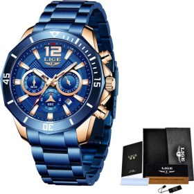 Resim Hanyang Altın Mavi 2023 Lıge Yeni Erkek Saatler Üst Marka Lüks Moda Kuvars Saat Erkek Tüm Çelik Saat Erkekler Için Tarih Su Geçirmez Spor Kronograf (Yurt Dışından) 