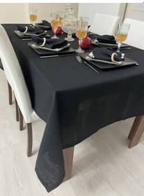 Resim Keten Görünümlü Simli Begonvil Masa Örtüsü Siyah 13 Parça 