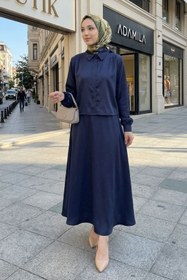 Resim adamila Kadın Saten Omuz Pileli Gömlekli Etek Takım - Dökümlü İkili Takım Tesettür Giyim 