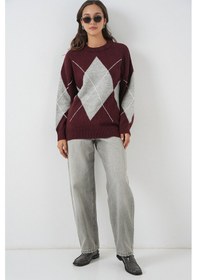 Resim Bigdart 15895 Baklava Desenli Oversize Triko Kazak - Y.bordo 