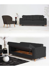 Resim Nola Koltuk Takımı 3+1 & Bazalı Yataklı Koltuk & Kanepe - Keten Kahverengi-antrasit 