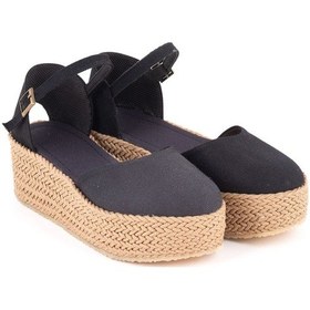 Resim Gerçek Elişi Platformlu Poli Taban Espadril Dolgu Topuk Keten Espadril Handmade Siyah 