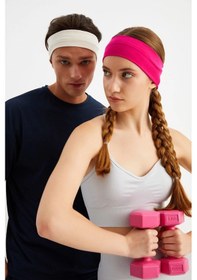 Resim 2'li Pamuklu Penye, Kaymaz, Terletmez, Ultra Hafif, Spor Saç Bandı Bandana - Tek Ebat / Fuşya-beyaz Fuşya-beyaz 