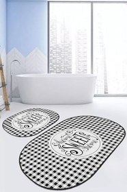 Resim RealHomes Real Homes Siyah Beyaz Ekose Home Sweet Temalı 2'li Oval Kaymaz Tabanlı Banyo Paspas Takımı ve Mutfak Halısı 