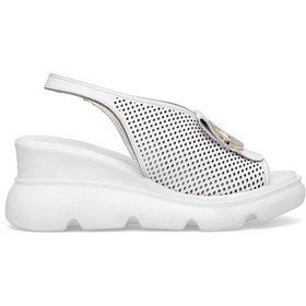 Resim Elit Zeyn 8067 Kadın Hakiki Deri Dolgu Topuk Sandalet Beyaz Beyaz 