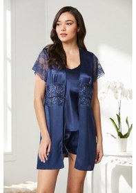 Resim Pierre Cardin Laci Saten Dantelli 3'lü Kadın Sabahlık-şort Takım 2480 Lacivert 