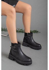 Resim Kalın Taban Bağsız Tokalı Siyah Kadın Postal Bot-2133-Siyah 