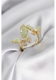 Resim Gold Renk Su Yeşili Kelebek Model Zirkon Taşlı Kadın Yüzük Çok Renkli 