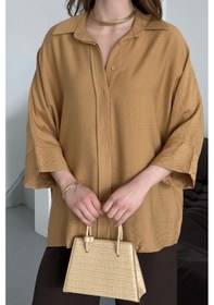 Resim Paw Garage Kadın Evelyn Vizon Oversize Gömlek, Keten Ayrobin Ön Patlı Gömlek Vizon 