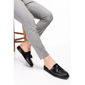 Resim Erkek Siyah Püskül Hakiki Deri Ev Terliği 