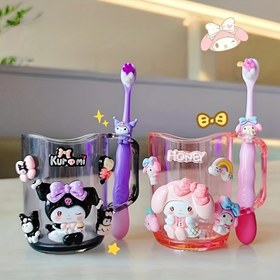 Resim 2'li Sanrio Sevimli Karikatür Kuromi, Melody Diş Fırçası Tutucu Kombinasyon Seti - Dayanıklı PP Malzeme, Erkekler ve Kadınlar için Diş Fırçalama ve Ağız Gargarası Bardağı, Diş Fırçası Dahil 