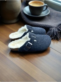 Resim Mycorni Anatomik Unisex Doğal Mantar Taban Gerçek Kürklü Keçe Terlik 