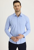 Resim Açık Mavi Uzun Kol Slim Fit Dar Kesim Klasik Desenli Pamuklu Kolay Ütülenebilir Gömlek Kigili