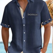 Resim Erkek Moda Baskılı Patchwork Yaka Kısadan Kol Gömlek ve Çanta Seti 3593C 
