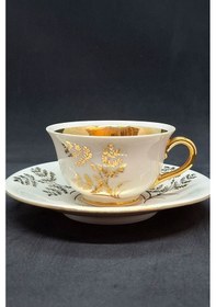 Resim Kerafina Porzellan Türk Kahve Boyu Vintage Kahve Fincanı 2 Parça 90 Ml Sarı - Altın 