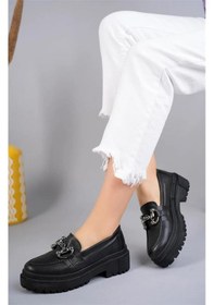 Resim Aymood Kadın Kalın Taban Loafer Makosen Ayakkabı Gc Platin Toka Loafer Topuk Boyu 5cm Pu Deri Siyah 