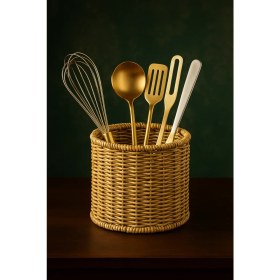 Resim Hasır Rattan Kaşıklık Mutfak Tezgah Üstü Organizer 14*15CM 