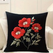Resim 1 adet 18x18in/45x45cm Çağdaş Çiçekli Atma Yastık Kılıfı, Fermuarlı Kapatma ile Polyester Kumaş, Makinede Yıkanabilir Kırmızı Çiçekler Siyah Arka Plan Dekoratif Yastıklar için Koltuk, Ev, Ofis, Oturma Odası, Dekoratif Yastıklar 
