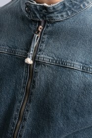 Resim Nakış Detaylı Biker Form Denim Ceket - Mavi / M 