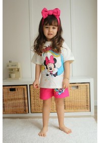 Resim Kız Çocuk Mickey Modelli Pamuk Şortlu Takım Krem 