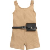 Resim Kız Tulum Takımı, Geniş Askılı Kolsuz Nervürlü Kısa Tulum Tek Parça Tulum + Bel Çantası Haki 