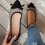 Resim Kadınlar için Siyah Sivri Burunlu Fiyonk Detaylı ve Puantiyeli File Kumaş Loaferlar - Rahat Düşük Topuklu Bale Düz Ayakkabıları, Günlük, Ofis veya Ev Kullanımı İçin - Her Mevsim Uygun Anne Ayakkabıları, Casual Slipons, Sivri Burunlu Terlikler, Lastik Tabanlı Stabilite 