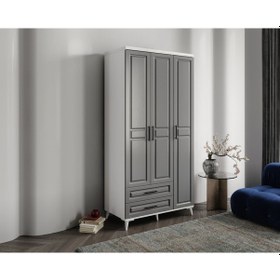 Resim GuneyStore Gözde 3 Kapaklı Komple MDF Antrasit - Beyaz Gardırop 