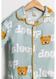 Resim Çocuk Unisex Önü Düğmeli Mavi Ayıcık Sleep Desenli 2'li Alt Üst Pijama Takımı 001 
