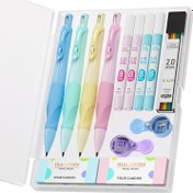 Resim Dörtlü Kalem 4 Adet Kalın Gövdeli Mekanik Kurşun Kalem, Rahat Kavrama Özelliğine Sahip, 2.0MM Ergonomik Tasarım, 44 Yedek Uç Dolumu İçerir ve 2 Kalemtıraş/Silgi ile Birlikte Gelir, Yazma ve Çizim İçin Estetik Okul Malzemeleri İçin Mükemmeldir. 