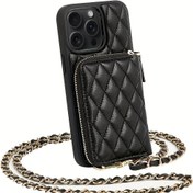 Resim Bir Lüks Kontrollü Dikişli Suni Deri Düz Renk Küçük Klasik Stil Çapraz Vücut Çantası, Madeni Para ve Kartlar İçin Suni Deri Zincirli, Tatil ve Taşınabilir Telefon Koruma İçin Mükemmel, Iphone 16, 15, 14, 13, 12 ve 11 ile Uyumlu 