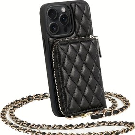 Resim Bir Lüks Kontrollü Dikişli Suni Deri Düz Renk Küçük Klasik Stil Çapraz Vücut Çantası, Madeni Para ve Kartlar İçin Suni Deri Zincirli, Tatil ve Taşınabilir Telefon Koruma İçin Mükemmel, Iphone 16, 15, 14, 13, 12 ve 11 ile Uyumlu 