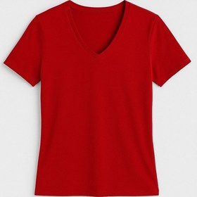 Resim Kadın V Yaka Kısa Kollu Düz T-shirt Çok Renkli 