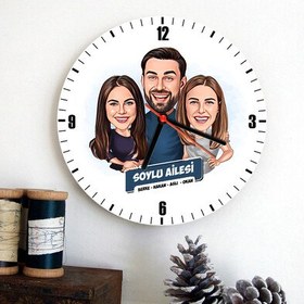 Resim Anne Baba ve Genç Kızları Karikatürlü Duvar Saati 